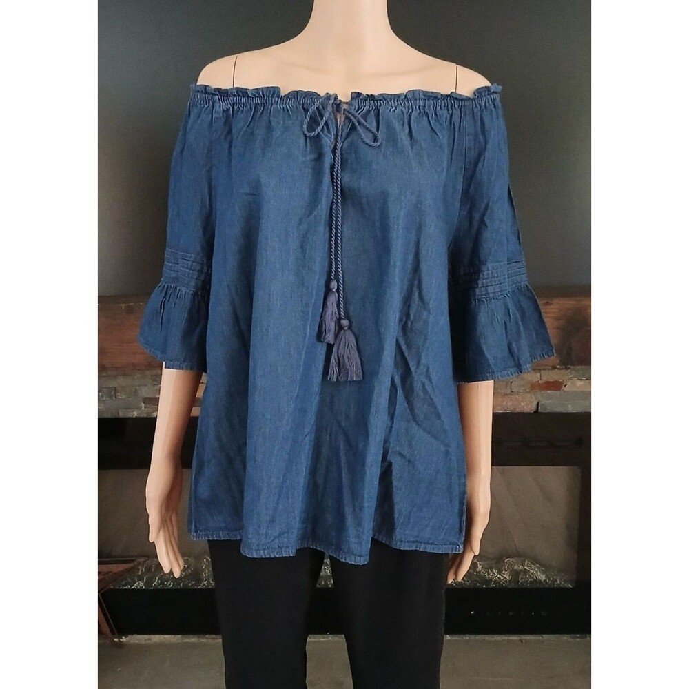 NEW Off the Shoulder Denim Top 100% Cotton Women's 1X Peasant Boho Flare Sleeves